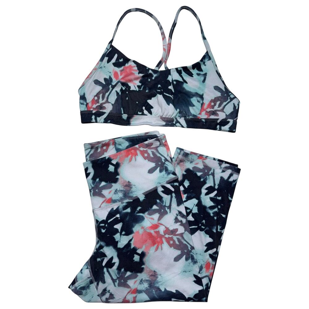 Old Navy Active Go Dry Floral Workout Set XL Gray Blue Pink Bra Leggings 2pc